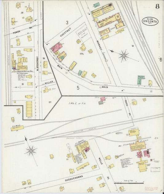 Sanborn Fire Insurance Map from Oneonta, Otsego County, New York (1898), Sheet #0008 - Historic Sanborn Fire Insurance Map Print, vintage old map wall art, antique decor, genealogy gift, New York New York map