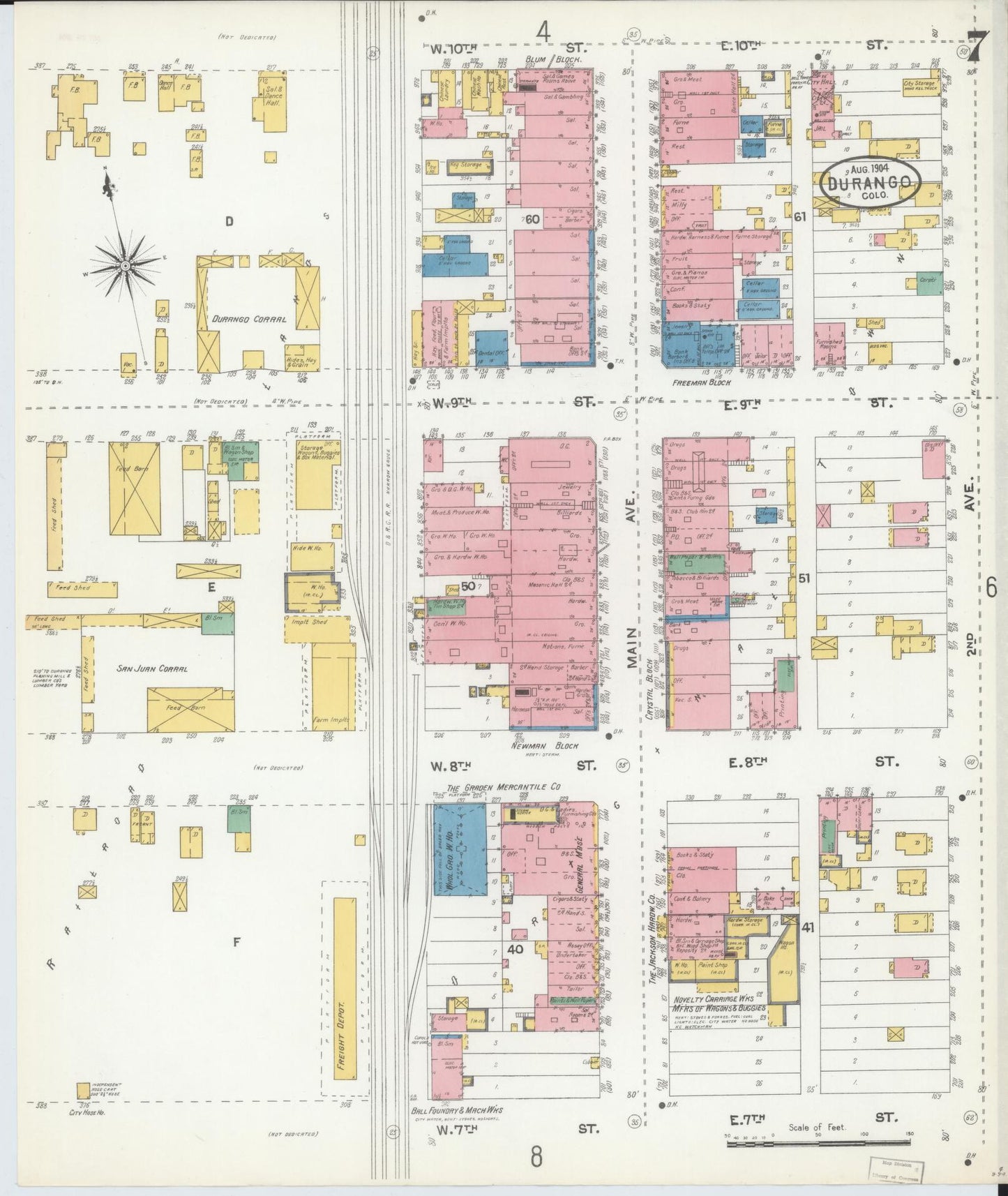 Sanborn Fire Insurance Map from Durango, La Plata County, Colorado (1904), Sheet #0007 - Historic Sanborn Fire Insurance Map Print, vintage old map wall art, antique decor, genealogy gift, Colorado Colorado map