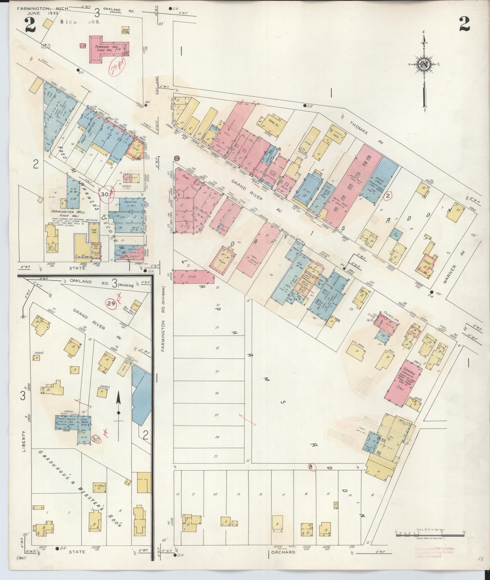 Sanborn Fire Insurance Map from Farmington, Oakland County, Michigan (1943), Sheet #0002 - Historic Sanborn Fire Insurance Map Print, vintage old map wall art, antique decor, genealogy gift, Michigan Michigan map