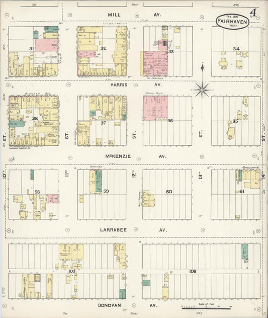 Sanborn Fire Insurance Map from Fairhaven [see also Bellingham and Sehome], Whatcom County, Washington (1891), Sheet #0004 - Historic Sanborn Fire Insurance Map Print, vintage old map wall art, antique decor, genealogy gift, Washington Washington map