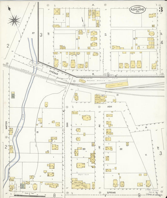Sanborn Fire Insurance Map from Ashland, Jackson County, Oregon (1907), Sheet #0003 - Historic Sanborn Fire Insurance Map Print, vintage old map wall art, antique decor, genealogy gift, Oregon Oregon map
