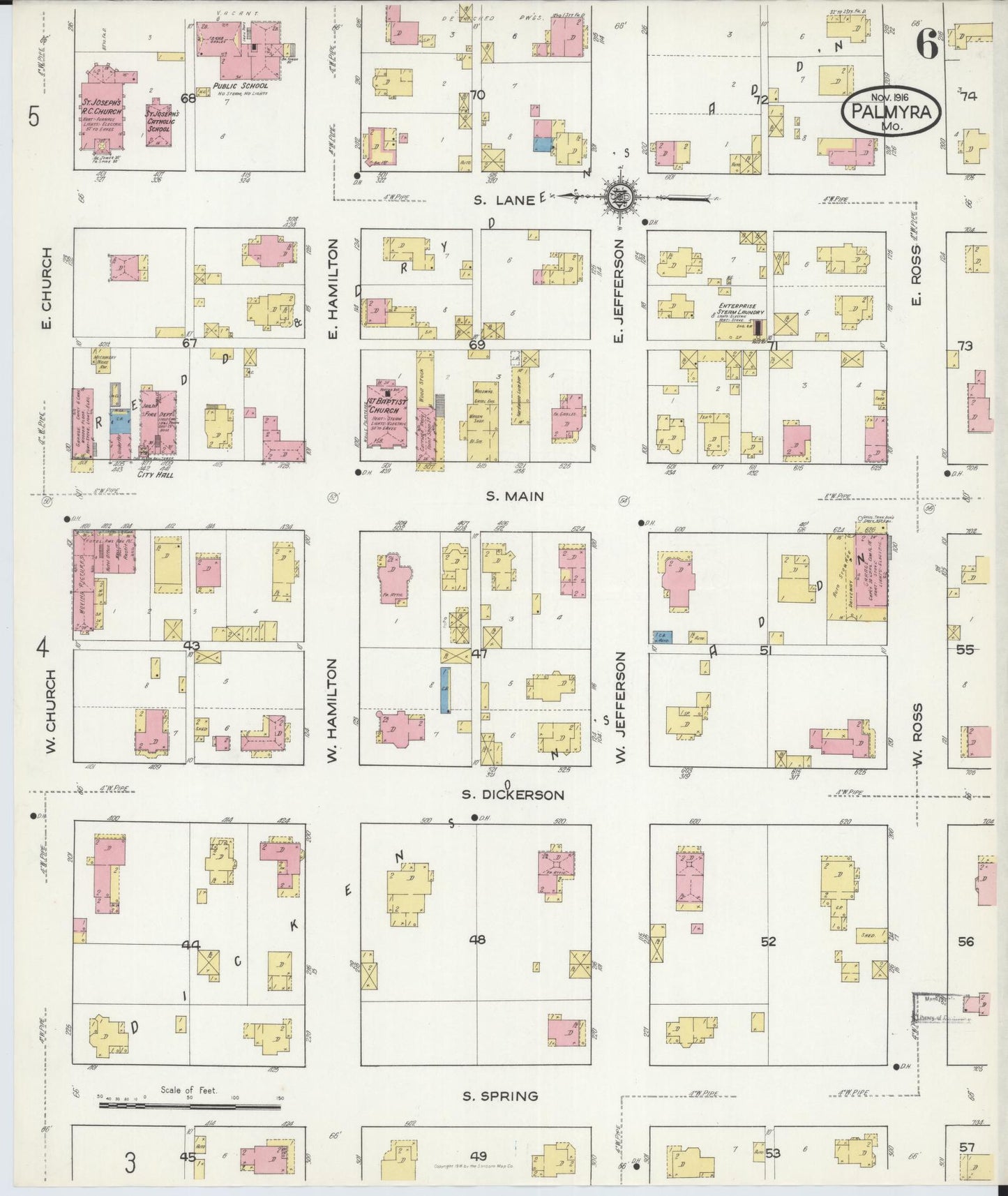 Sanborn Fire Insurance Map from Palmyra, Marion County, Missouri (1916), Sheet #0006 - Historic Sanborn Fire Insurance Map Print, vintage old map wall art, antique decor, genealogy gift, Missouri Missouri map