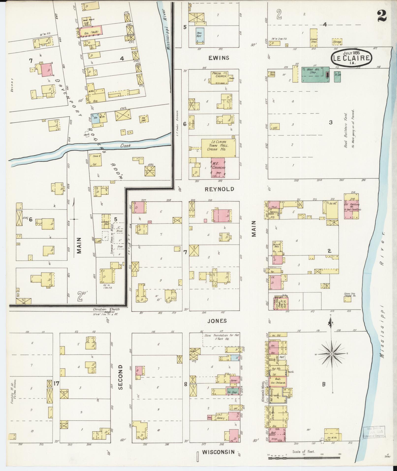 Sanborn Fire Insurance Map from Le Claire, Scott County, Iowa (1895), Sheet #0002 - Historic Sanborn Fire Insurance Map Print, vintage old map wall art
