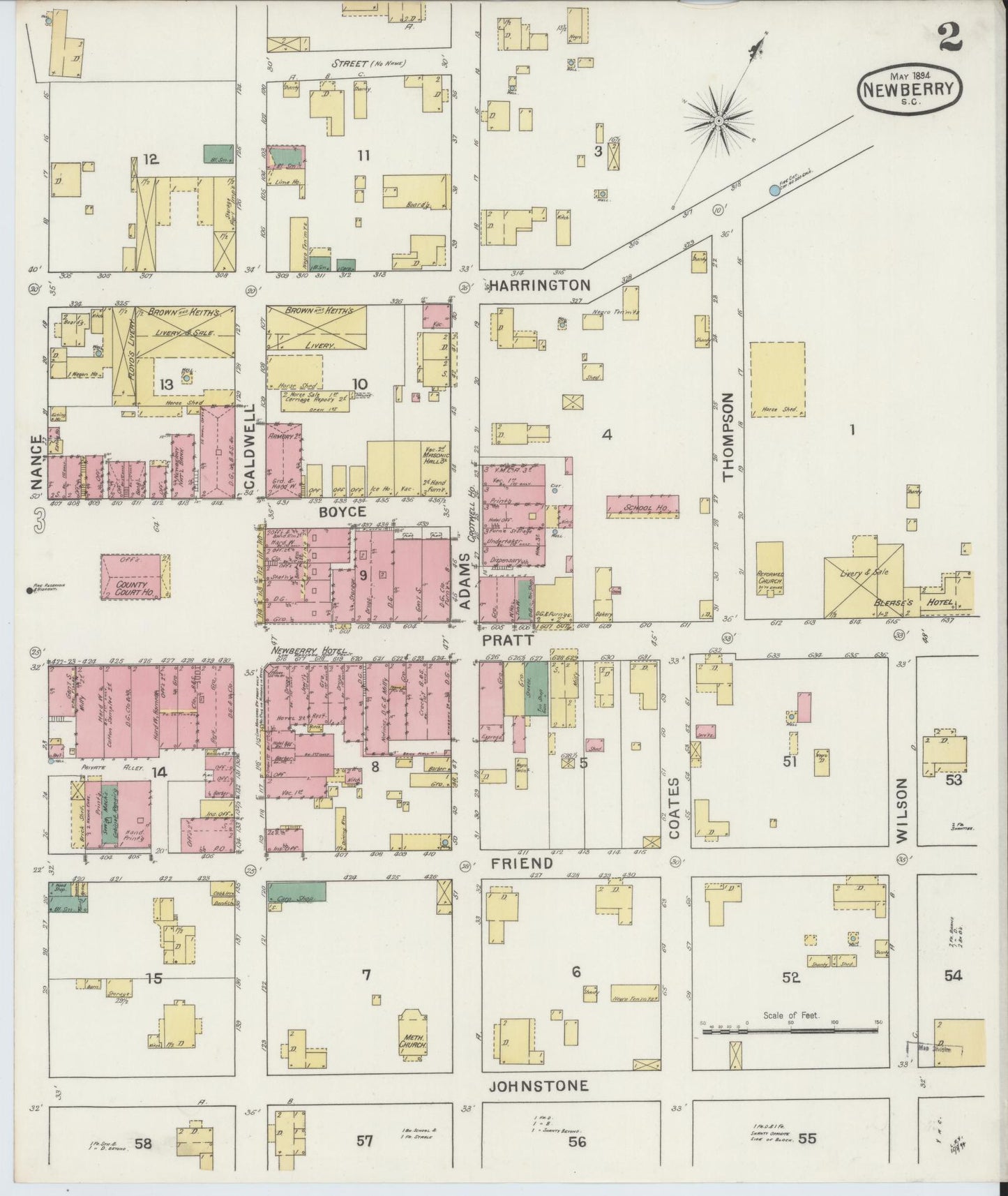 Sanborn Fire Insurance Map from Newberry, Newberry County, South Carolina (1894), Sheet #0002 - Complete Map Set gallery image, historic Sanborn map, vintage wall art, South Carolina South Carolina