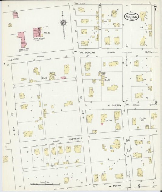 Sanborn Fire Insurance Map from Rogers, Benton County, Arkansas (1914), Sheet #0007 - Historic Sanborn Fire Insurance Map Print, vintage old map wall art, antique decor, genealogy gift, Arkansas Arkansas map