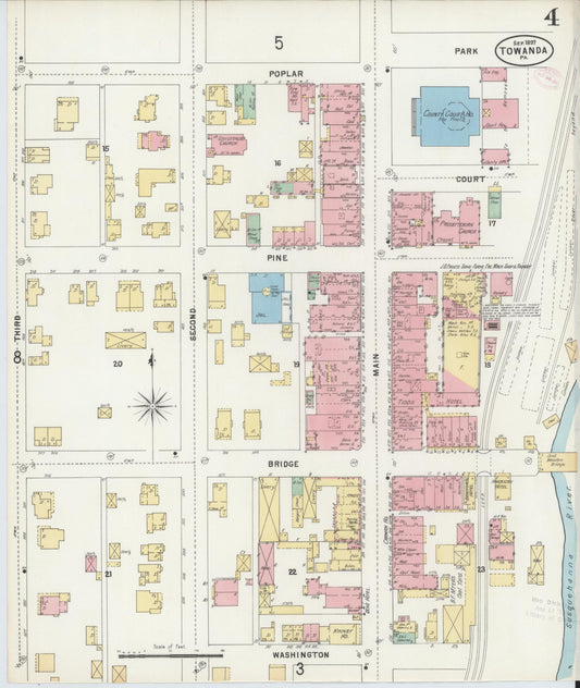 Sanborn Fire Insurance Map from Towanda, Bradford County, Pennsylvania (1897), Sheet #0004 - Historic Sanborn Fire Insurance Map Print, vintage old map wall art, antique decor, genealogy gift, Pennsylvania Pennsylvania map