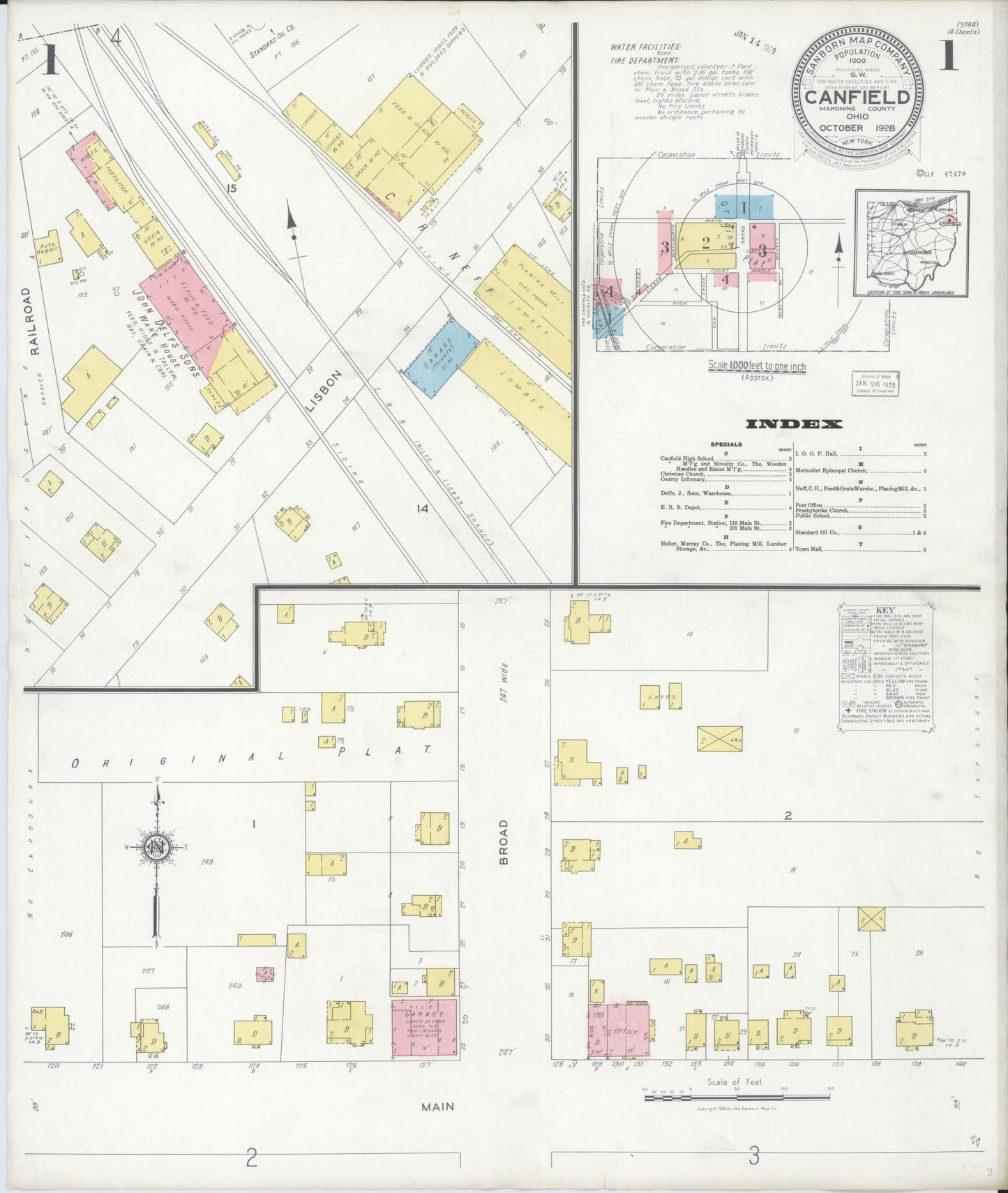Sanborn Fire Insurance Map from Canfield, Mahoning County, Ohio (1928), Sheet #0001 - Historic Sanborn Fire Insurance Map Print, vintage old map wall art, antique decor, genealogy gift, Ohio Ohio map