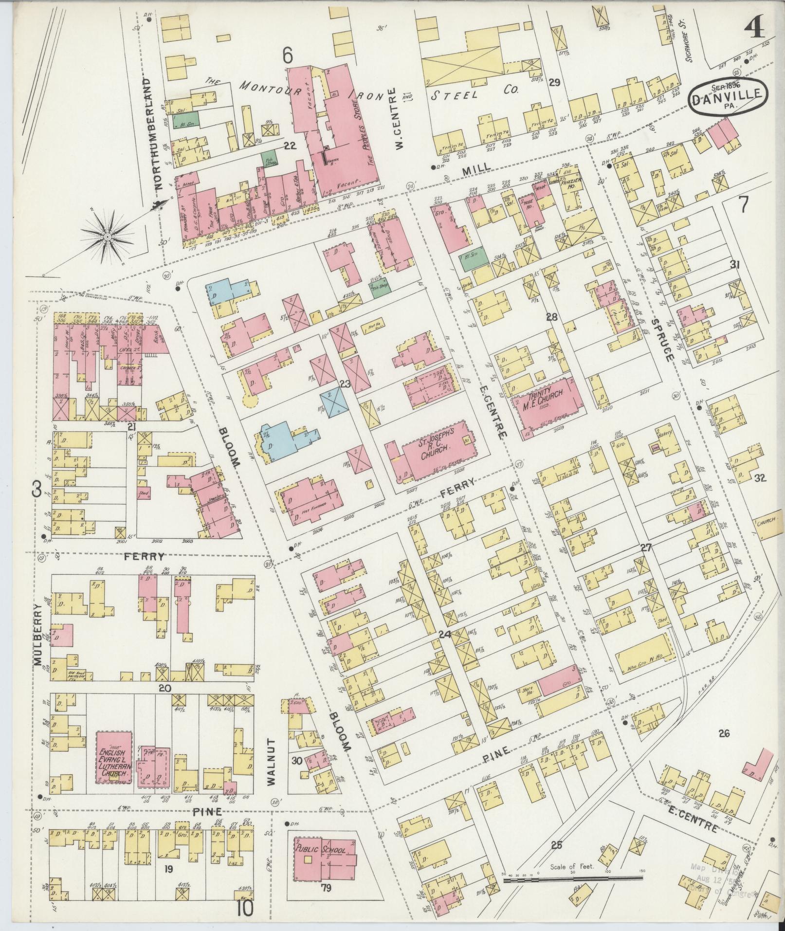 Sanborn Fire Insurance Map from Danville, Montour County, Pennsylvania (1896), Sheet #0004 - Historic Sanborn Fire Insurance Map Print, vintage old map wall art, antique decor, genealogy gift, Pennsylvania Pennsylvania map
