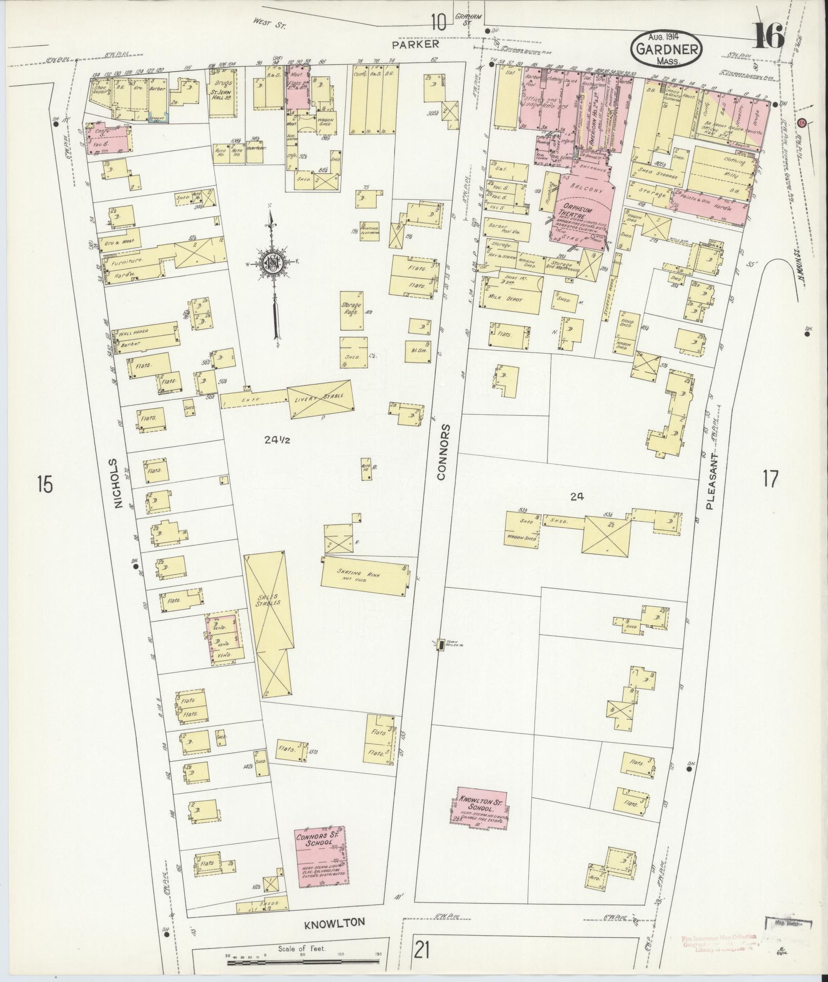 Sanborn Fire Insurance Map from Gardner, Worcester County, Massachusetts (1914), Sheet #0016 - Historic Sanborn Fire Insurance Map Print, vintage old map wall art, antique decor, genealogy gift, Massachusetts Massachusetts map