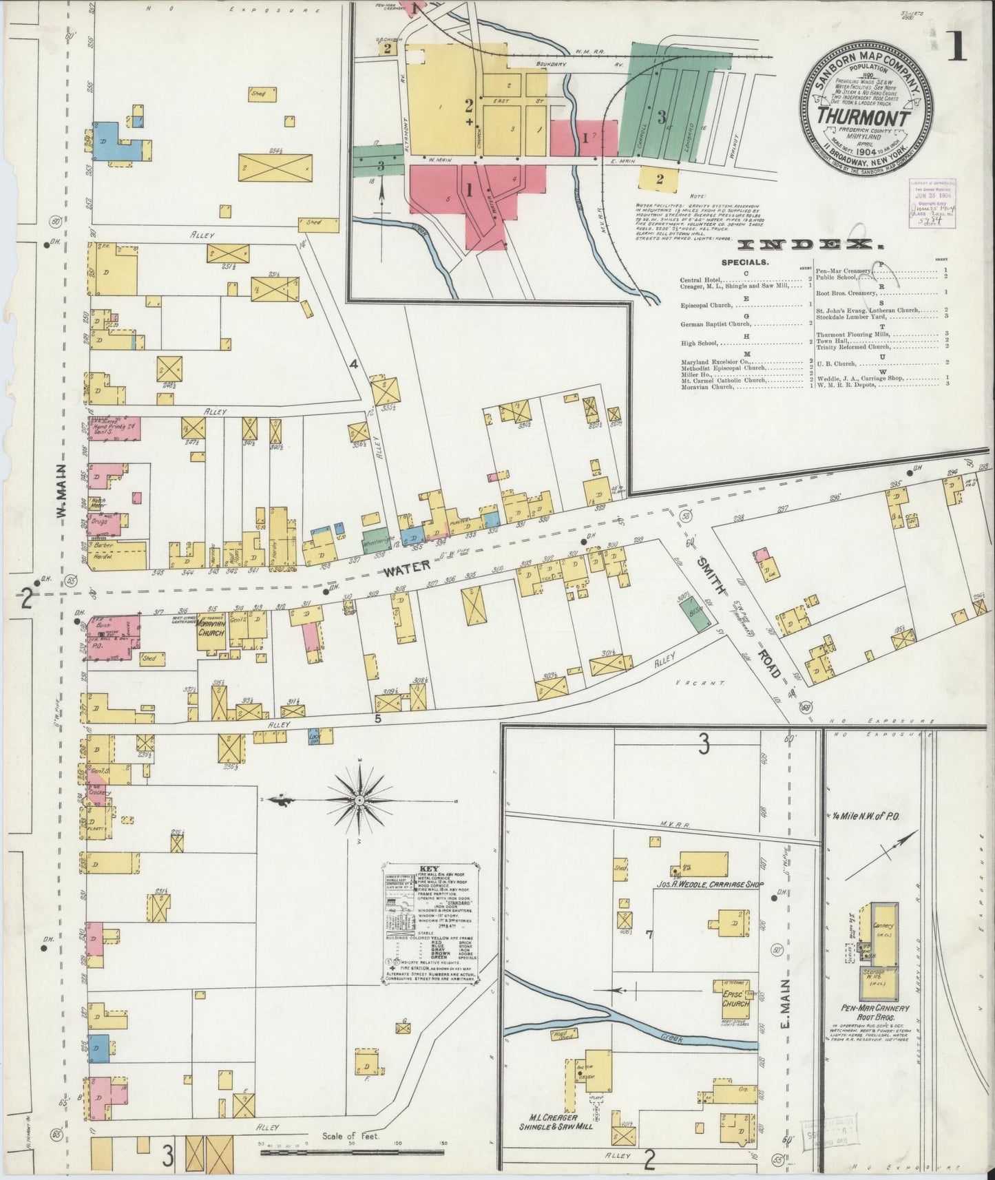 Sanborn Fire Insurance Map from Thurmont, Frederick County, Maryland (1904), Sheet #0001 - Historic Sanborn Fire Insurance Map Print, vintage old map wall art