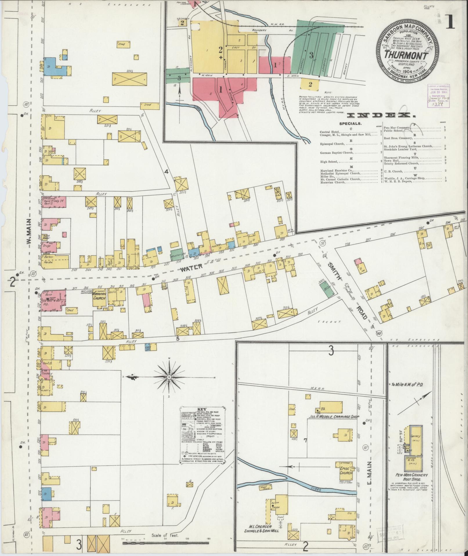 Sanborn Fire Insurance Map from Thurmont, Frederick County, Maryland (1904), Sheet #0001 - Historic Sanborn Fire Insurance Map Print, vintage old map wall art
