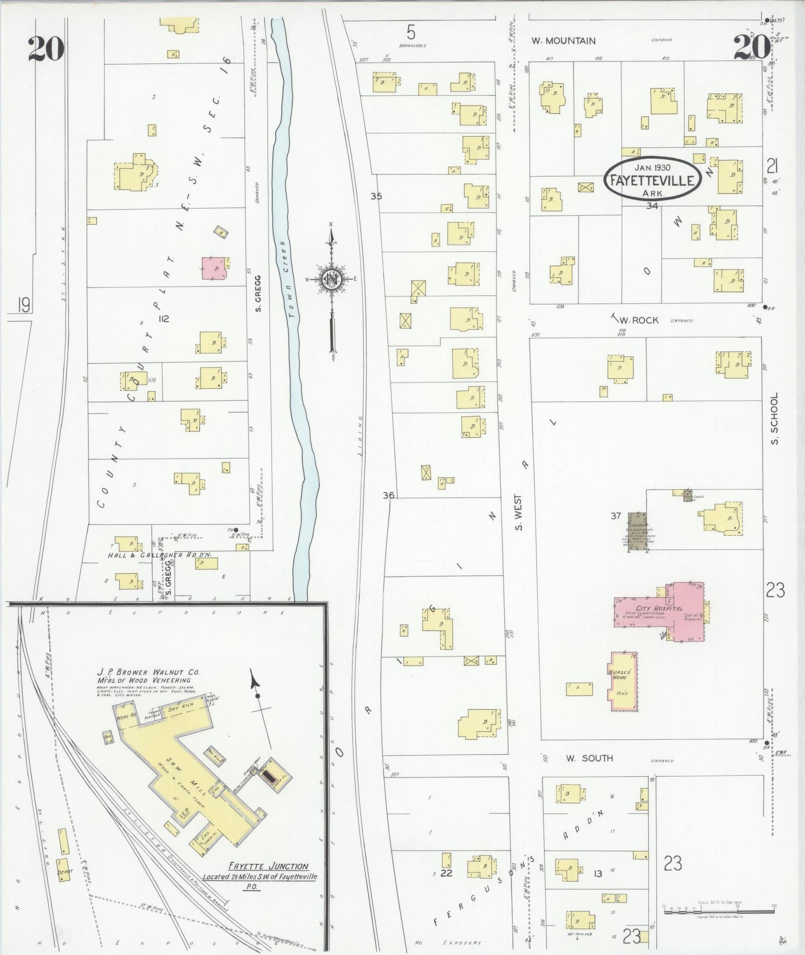 Sanborn Fire Insurance Map from Fayetteville, Washington County, Arkansas (1930), Sheet #0020 - Historic Sanborn Fire Insurance Map Print, vintage old map wall art, antique decor, genealogy gift, Arkansas Arkansas map