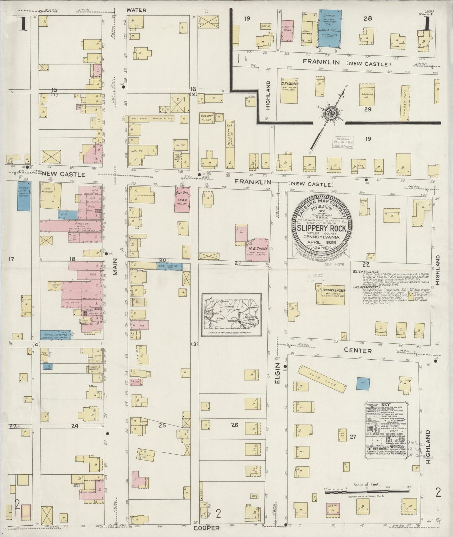 Sanborn Fire Insurance Map from Slippery Rock, Butler County, Pennsylvania (1925), Sheet #0001 - Historic Sanborn Fire Insurance Map Print, vintage old map wall art, antique decor, genealogy gift, Pennsylvania Pennsylvania map