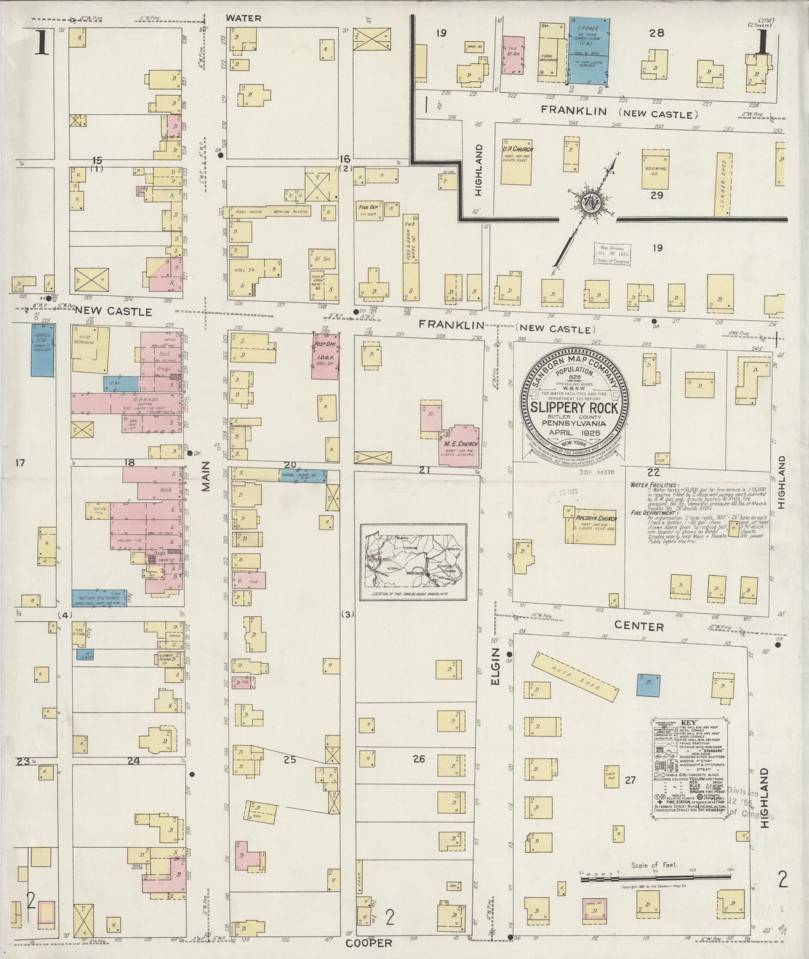 Sanborn Fire Insurance Map from Slippery Rock, Butler County, Pennsylvania (1925), Sheet #0001 - Historic Sanborn Fire Insurance Map Print, vintage old map wall art, antique decor, genealogy gift, Pennsylvania Pennsylvania map