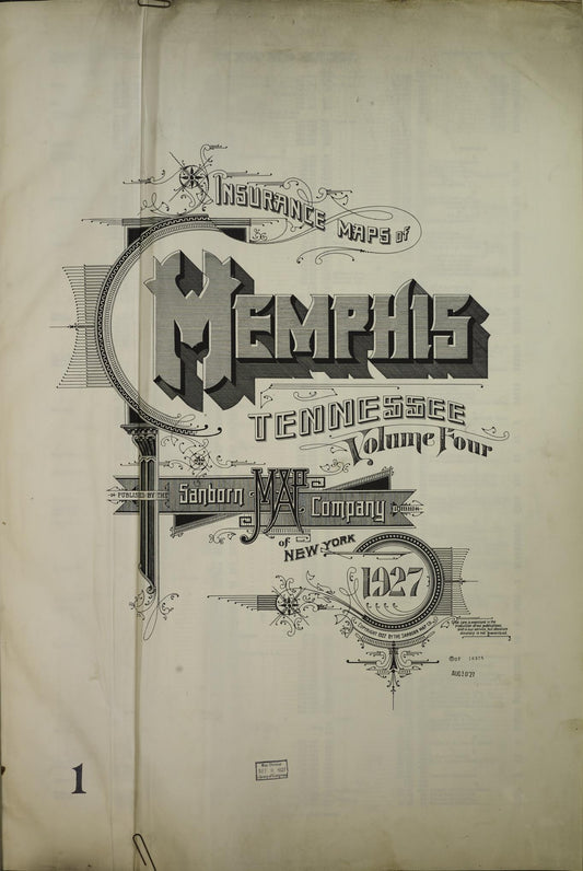 Sanborn Fire Insurance Map from Memphis, Shelby County, Tennessee (1927), Sheet #0001 - Historic Sanborn Fire Insurance Map Print, vintage old map wall art, antique decor, genealogy gift, Tennessee Tennessee map