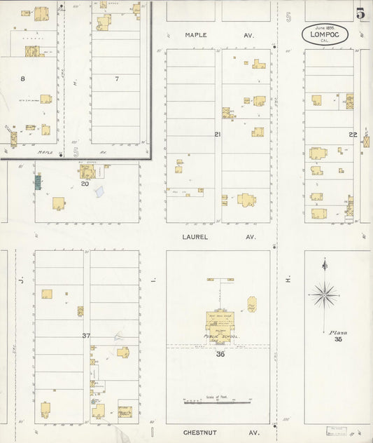 Sanborn Fire Insurance Map from Lompoc, Santa Barbara County, California (1895), Sheet #0005 - Historic Sanborn Fire Insurance Map Print, vintage old map wall art, antique decor, genealogy gift, California California map