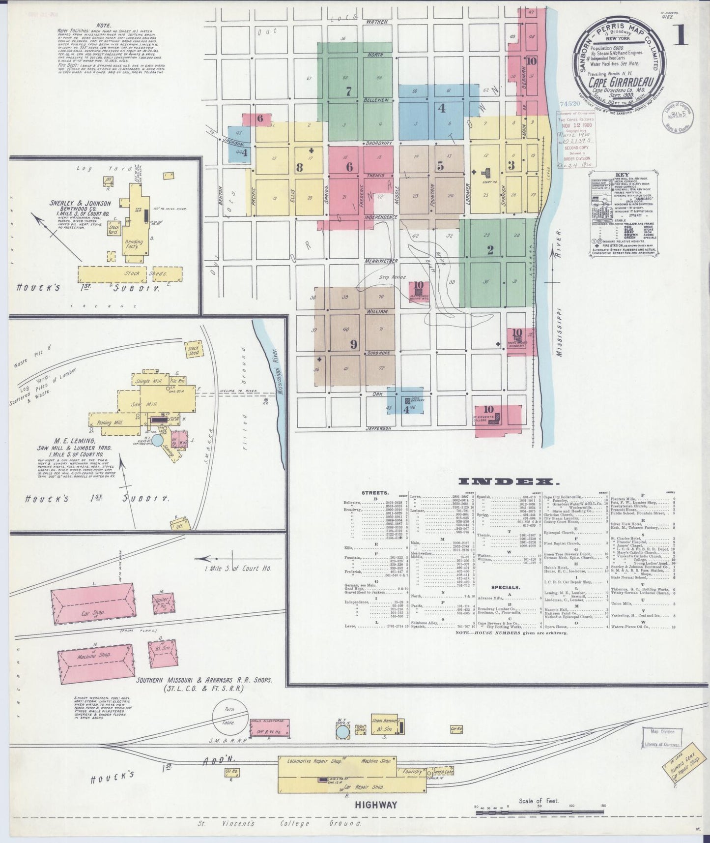 Sanborn Fire Insurance Map from Cape Girardeau, Cape Girardeau County, Missouri (1900), Sheet #0001 - Historic Sanborn Fire Insurance Map Print, vintage old map wall art, antique decor, genealogy gift, Missouri Missouri map