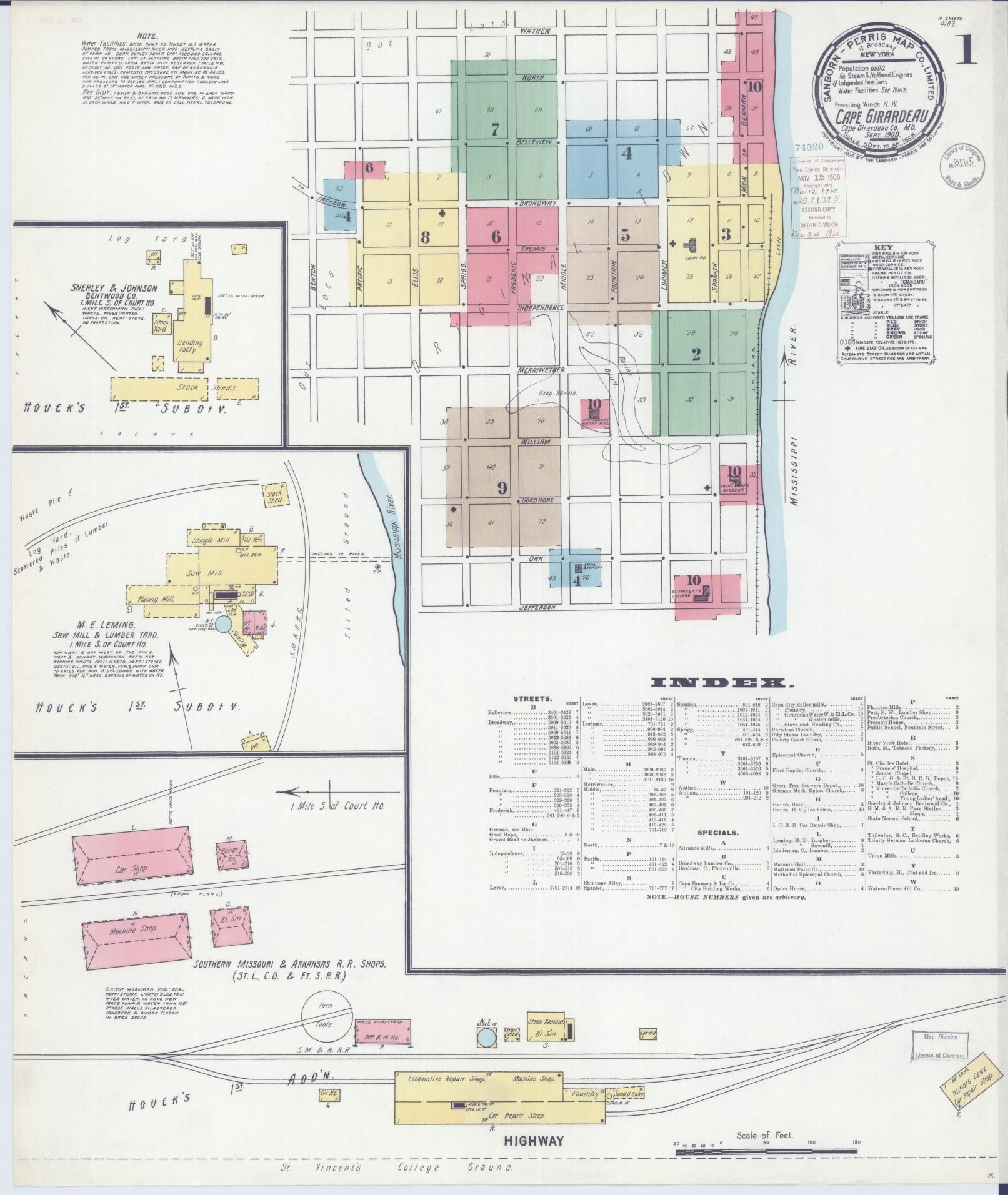 Sanborn Fire Insurance Map from Cape Girardeau, Cape Girardeau County, Missouri (1900), Sheet #0001 - Historic Sanborn Fire Insurance Map Print, vintage old map wall art, antique decor, genealogy gift, Missouri Missouri map