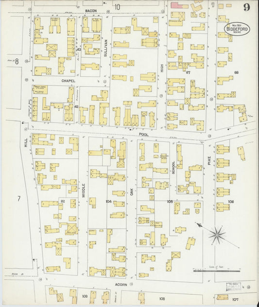 Sanborn Fire Insurance Map from Biddeford, York County, Maine (1901), Sheet #0009 - Historic Sanborn Fire Insurance Map Print, vintage old map wall art, antique decor, genealogy gift, Maine Maine map