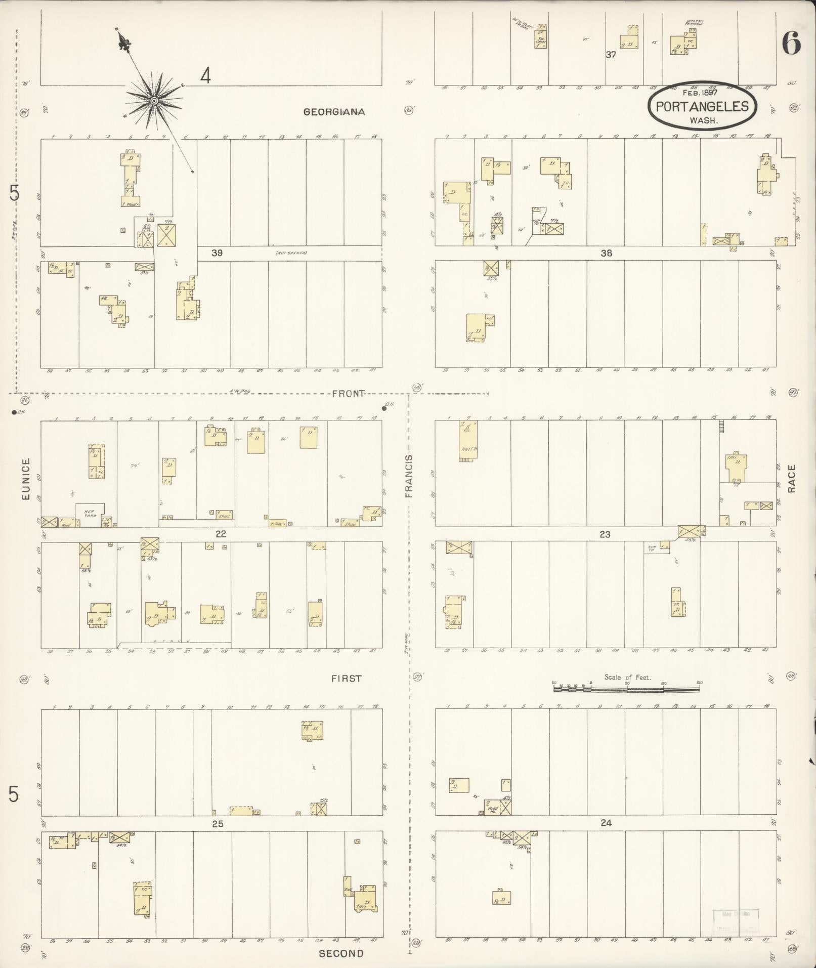 Sanborn Fire Insurance Map from Port Angeles, Clallam County, Washington (1897), Sheet #0006 - Historic Sanborn Fire Insurance Map Print, vintage old map wall art, antique decor, genealogy gift, Washington Washington map