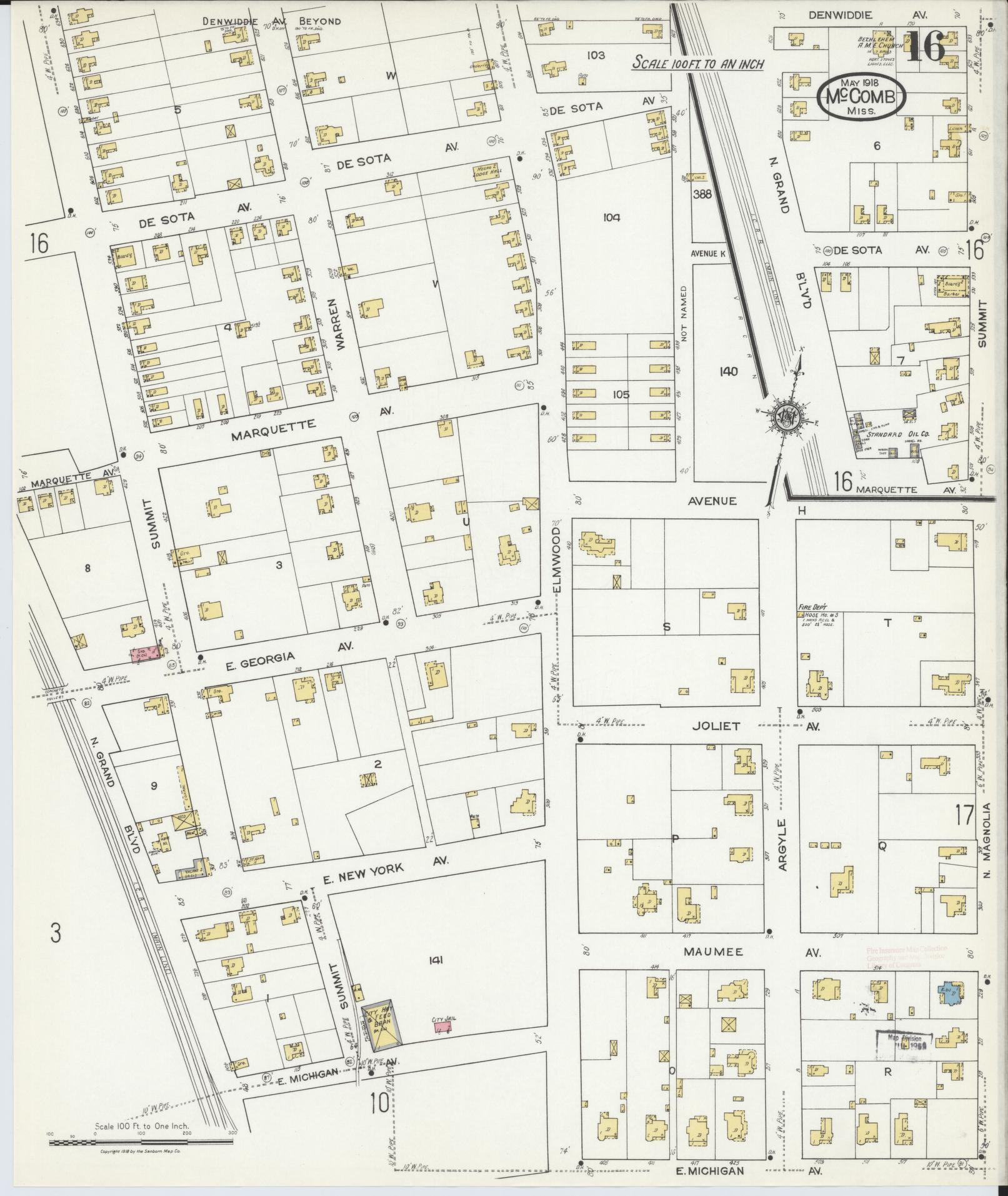 Sanborn Fire Insurance Map from McComb, Pike County, Mississippi (1918), Sheet #0016 - Complete Map Set gallery image, historic Sanborn map, vintage wall art, Mississippi Mississippi