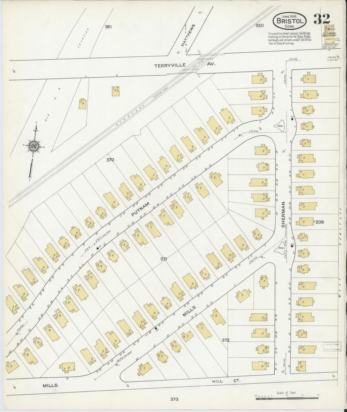 Sanborn Fire Insurance Map from Bristol, Hartford County, Connecticut (1916), Sheet #0032 - Historic Sanborn Fire Insurance Map Print, vintage old map wall art, antique decor, genealogy gift, Connecticut Connecticut map