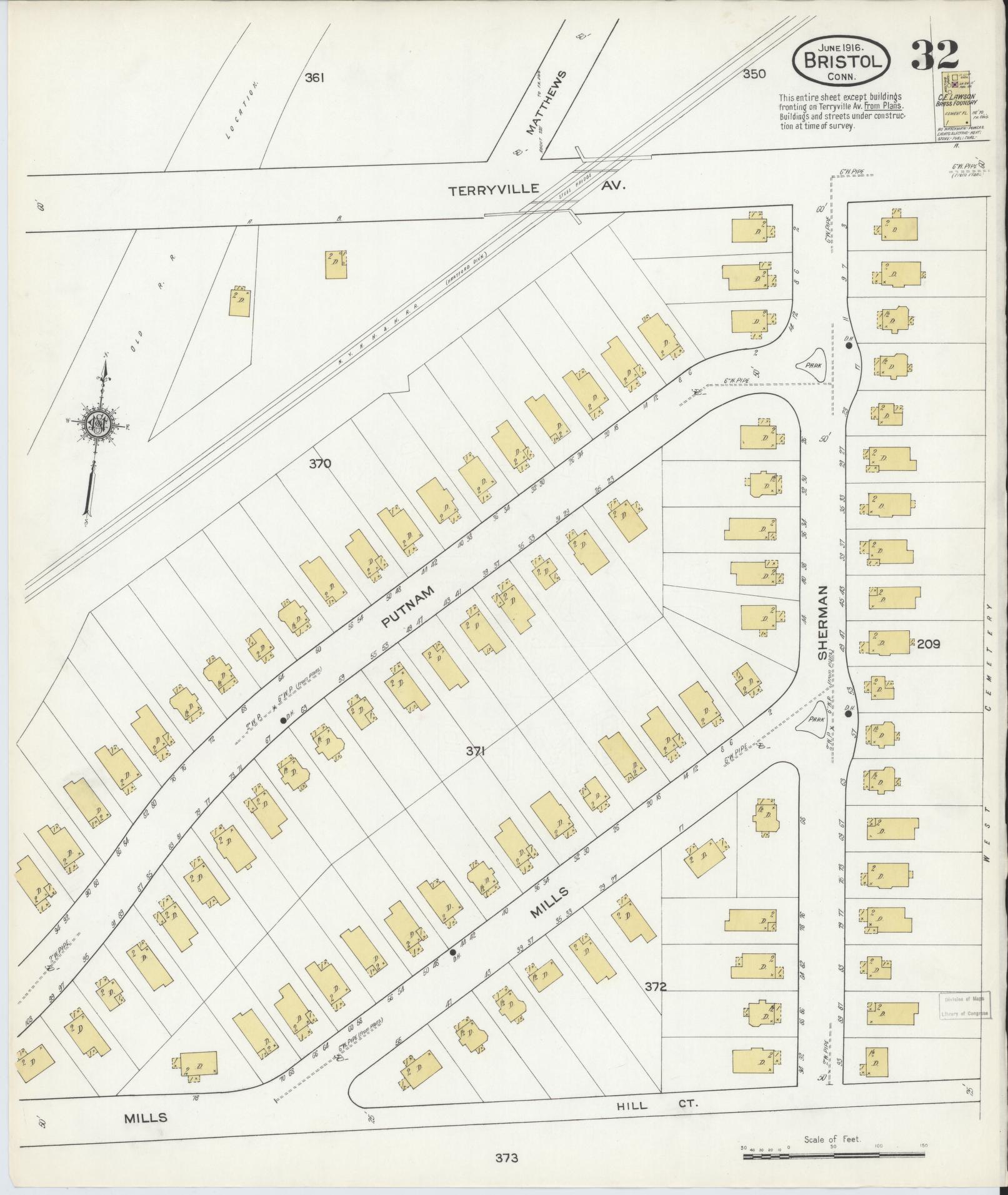 Sanborn Fire Insurance Map from Bristol, Hartford County, Connecticut (1916), Sheet #0032 - Historic Sanborn Fire Insurance Map Print, vintage old map wall art, antique decor, genealogy gift, Connecticut Connecticut map