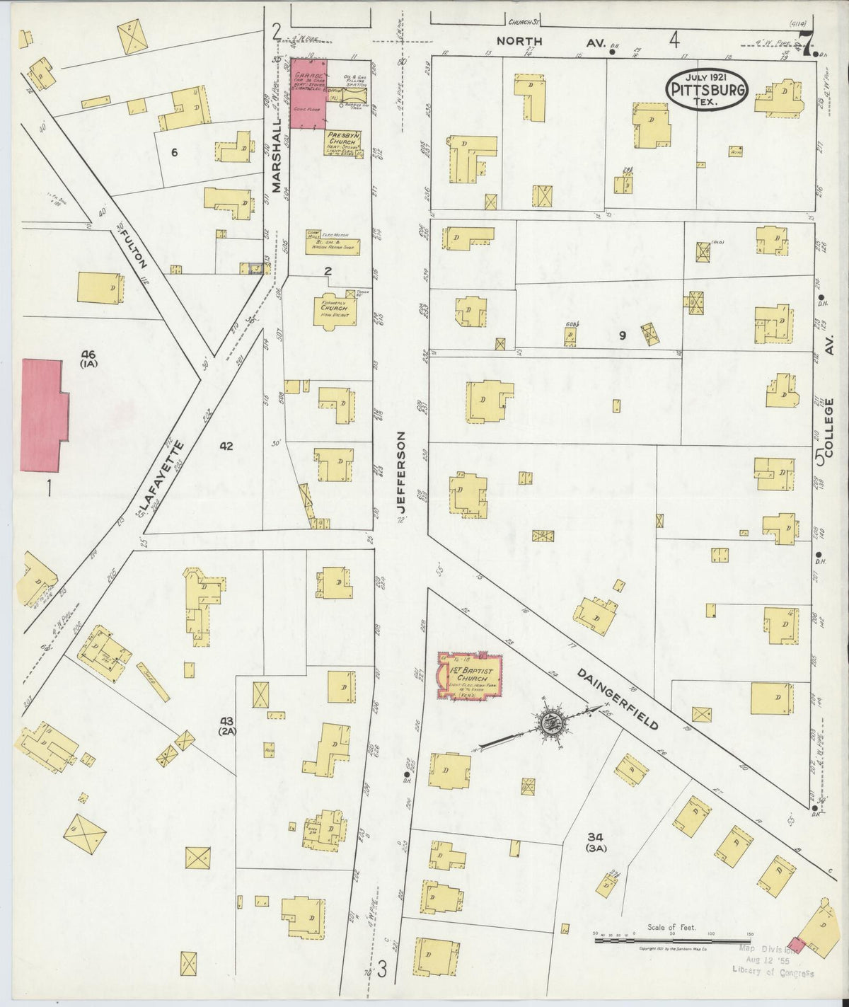 Sanborn Fire Insurance Map from Pittsburg, Camp County, Texas (1921), Sheet #0007 - Historic Sanborn Fire Insurance Map Print, vintage old map wall art, antique decor, genealogy gift, Texas Texas map