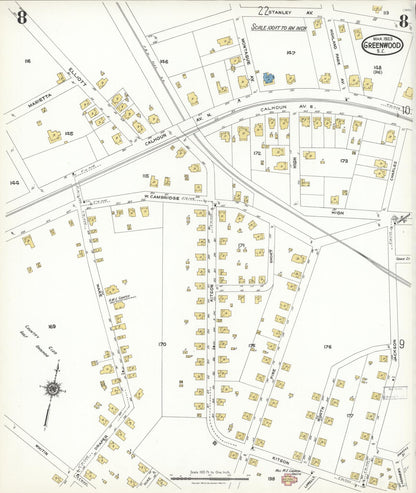 Sanborn Fire Insurance Map from Greenwood, Greenwood County, South Carolina (1923), Sheet #0008 - Complete Map Set gallery image, historic Sanborn map, vintage wall art, South Carolina South Carolina