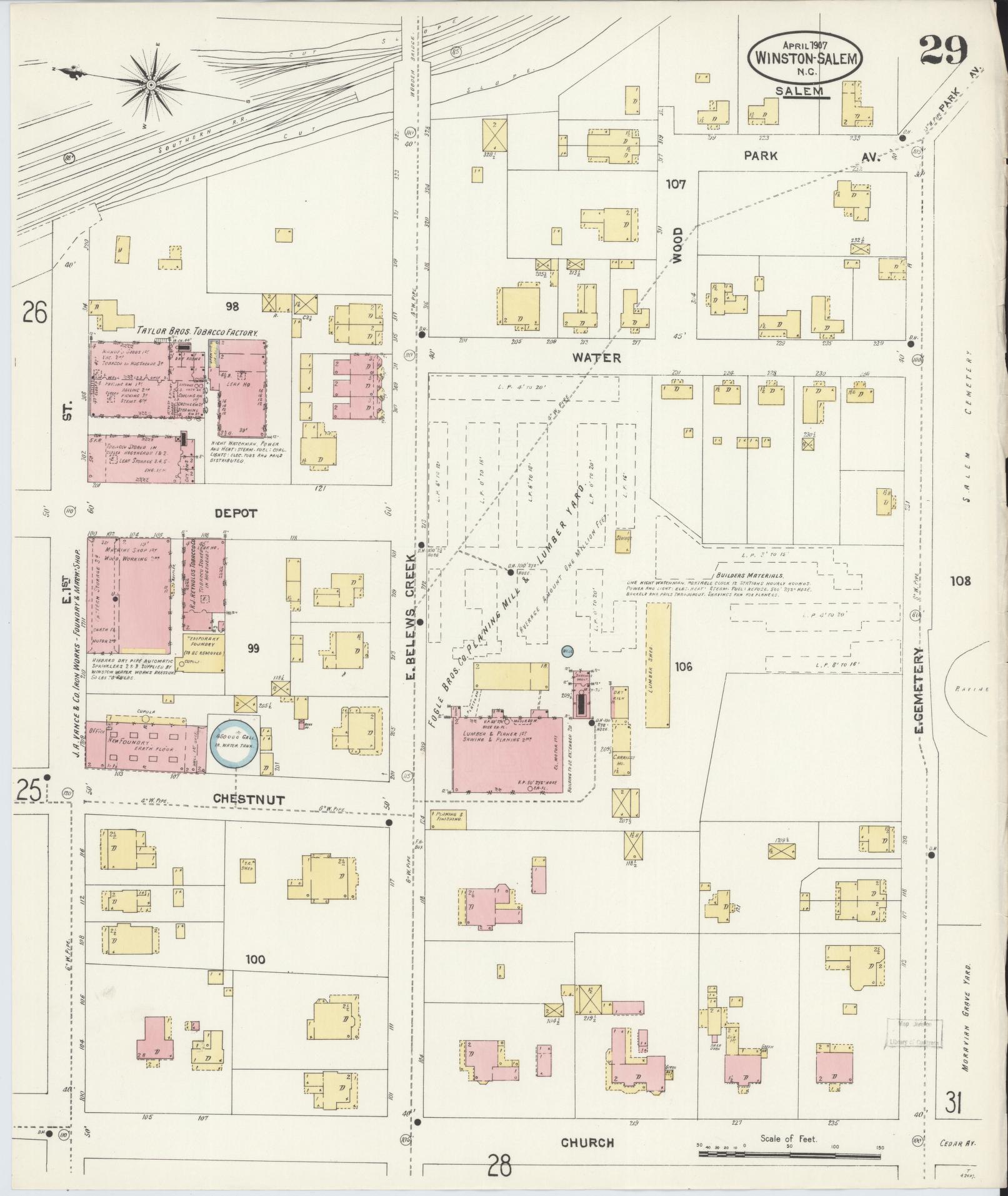 Sanborn Fire Insurance Map from Winston-Salem, Forsyth County, North Carolina (1907), Sheet #0029 - Historic Sanborn Fire Insurance Map Print, vintage old map wall art, antique decor, genealogy gift, North Carolina North Carolina map