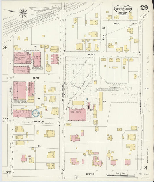 Sanborn Fire Insurance Map from Winston-Salem, Forsyth County, North Carolina (1907), Sheet #0029 - Historic Sanborn Fire Insurance Map Print, vintage old map wall art, antique decor, genealogy gift, North Carolina North Carolina map