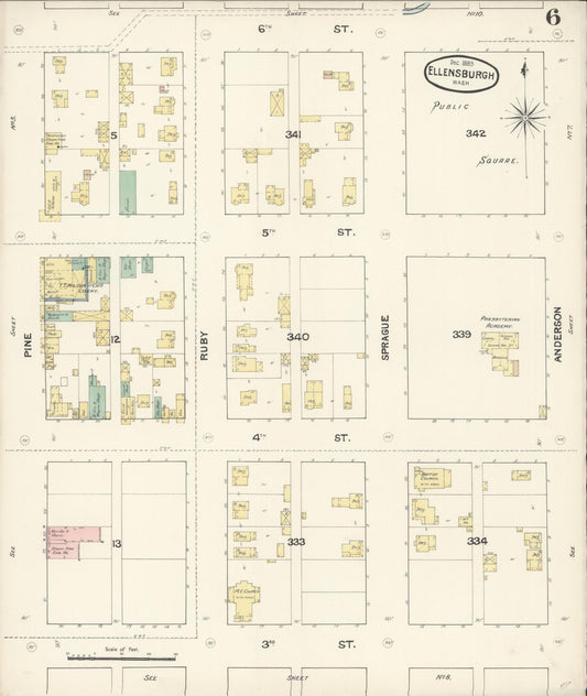 Sanborn Fire Insurance Map from Ellensburg, Kittitas County, Washington (1889), Sheet #0006 - Historic Sanborn Fire Insurance Map Print, vintage old map wall art, antique decor, genealogy gift, Washington Washington map