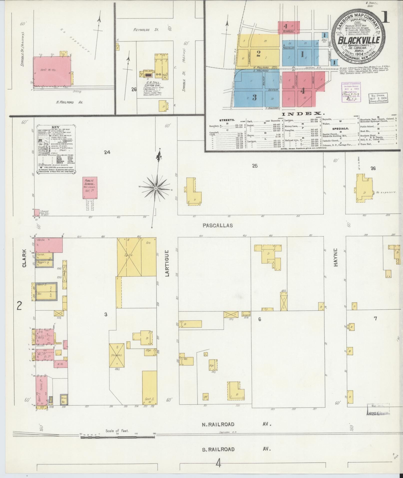Sanborn Fire Insurance Map from Blackville, Barnwell County, South Carolina (1904), Sheet #0001 - Historic Sanborn Fire Insurance Map Print, vintage old map wall art, antique decor, genealogy gift, South Carolina South Carolina map