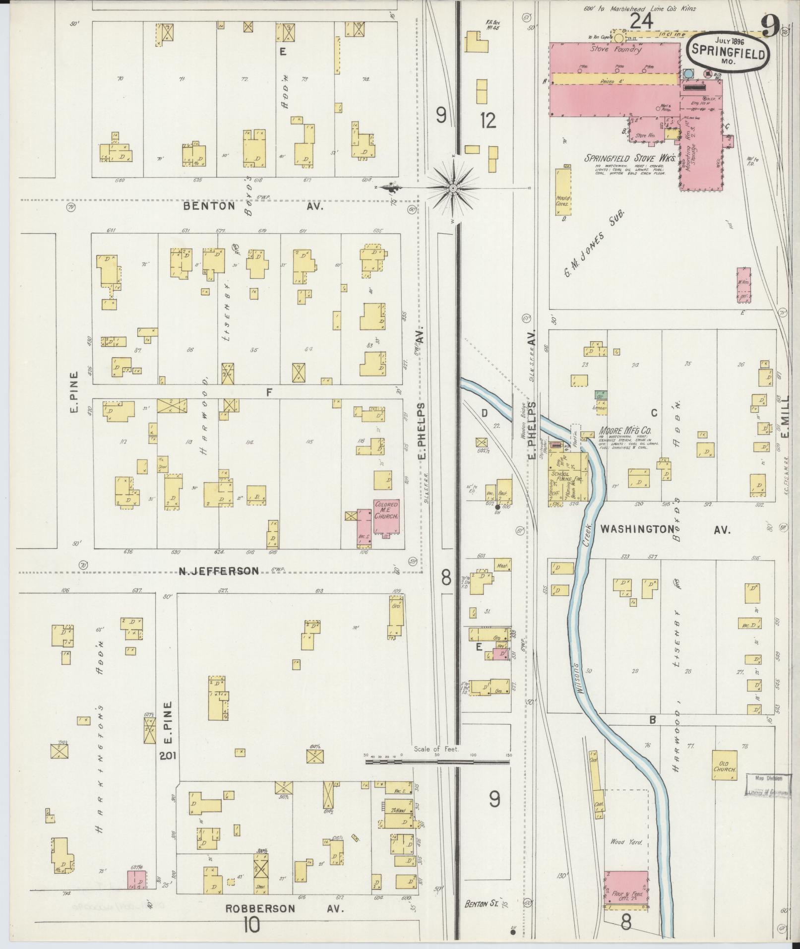 Sanborn Fire Insurance Map from Springfield, Greene County, Missouri (1896), Sheet #0009 - Complete Map Set gallery image, historic Sanborn map, vintage wall art, Missouri Missouri