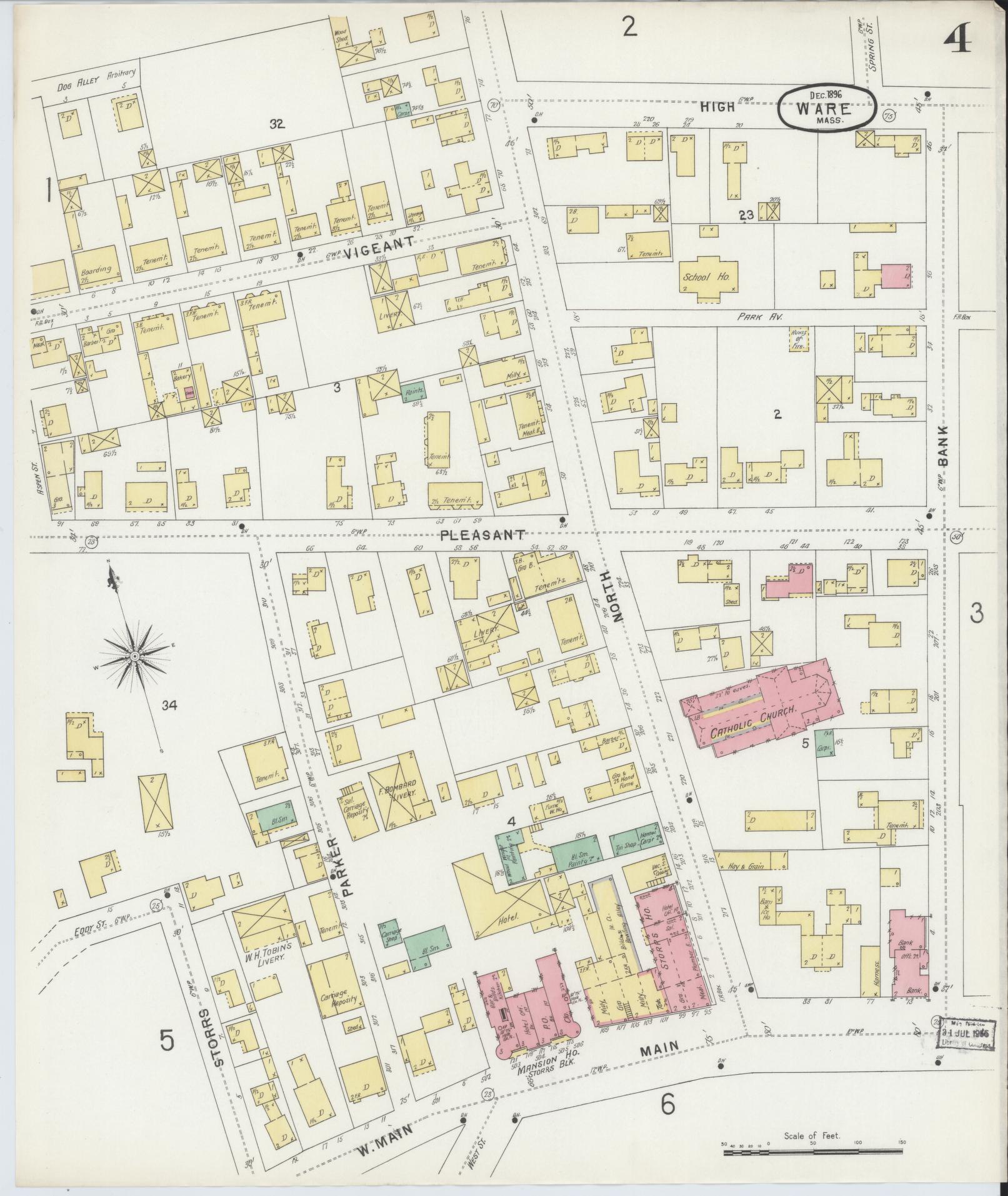 Sanborn Fire Insurance Map from Ware, Hampshire County, Massachusetts (1896), Sheet #0004 - Historic Sanborn Fire Insurance Map Print, vintage old map wall art, antique decor, genealogy gift, Massachusetts Massachusetts map