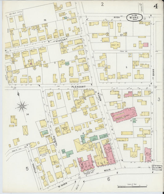 Sanborn Fire Insurance Map from Ware, Hampshire County, Massachusetts (1896), Sheet #0004 - Historic Sanborn Fire Insurance Map Print, vintage old map wall art, antique decor, genealogy gift, Massachusetts Massachusetts map