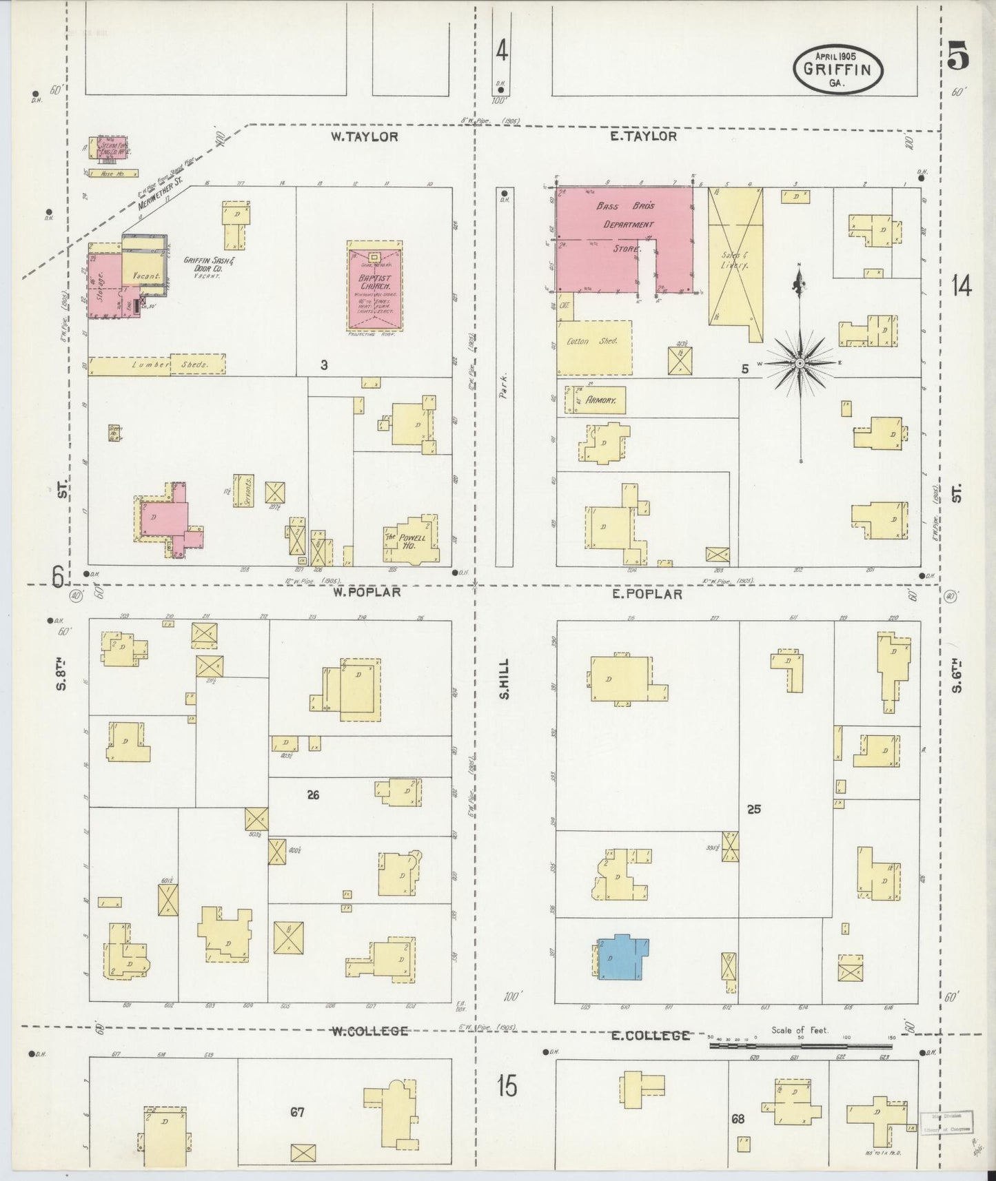 Sanborn Fire Insurance Map from Griffin, Spalding County, Georgia (1905), Sheet #0005 - Historic Sanborn Fire Insurance Map Print, vintage old map wall art, antique decor, genealogy gift, Georgia Georgia map