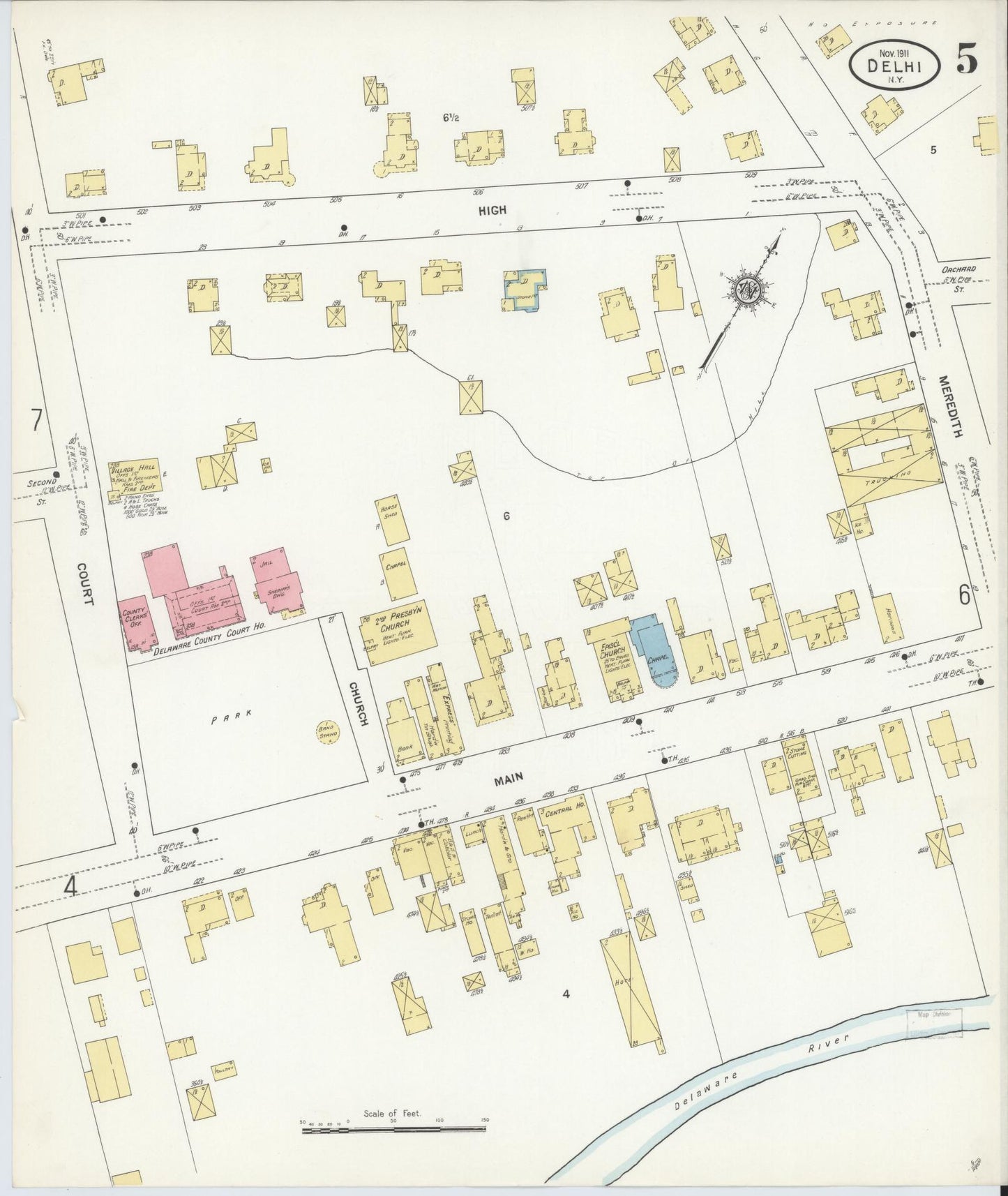 Sanborn Fire Insurance Map from Delhi, Delaware County, New York (1911), Sheet #0005 - Complete Map Set gallery image, historic Sanborn map, vintage wall art, Delhi Delaware