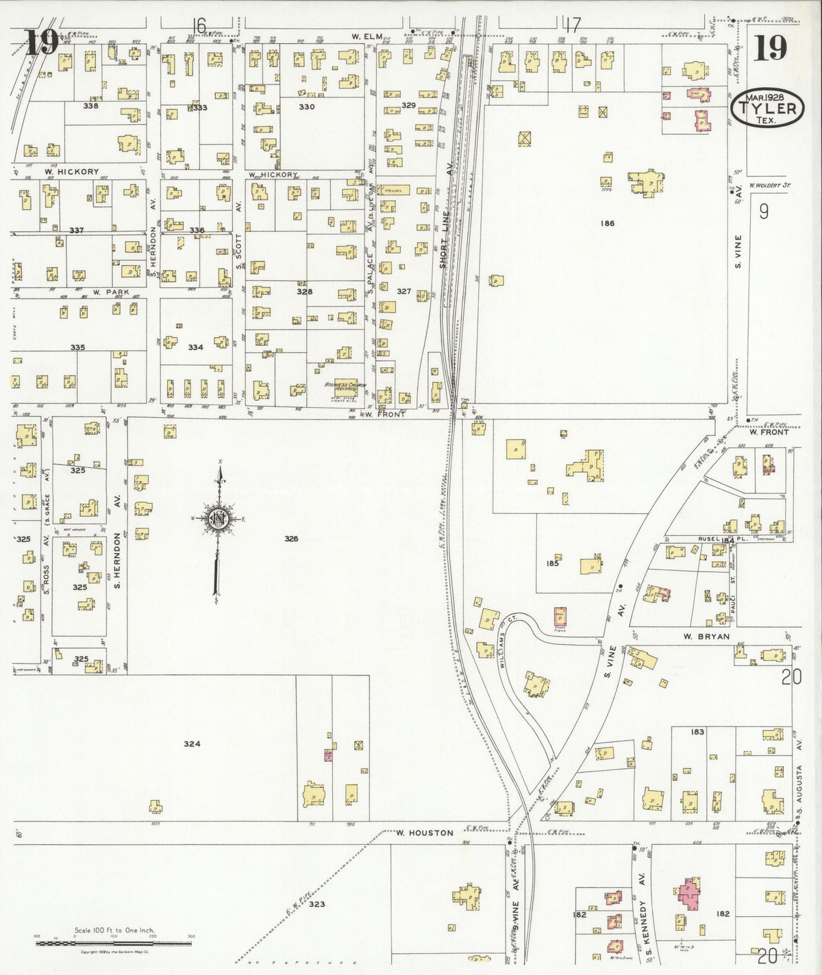 Sanborn Fire Insurance Map from Tyler, Smith County, Texas (1928), Sheet #0019 - Historic Sanborn Fire Insurance Map Print, vintage old map wall art, antique decor, genealogy gift, Texas Texas map