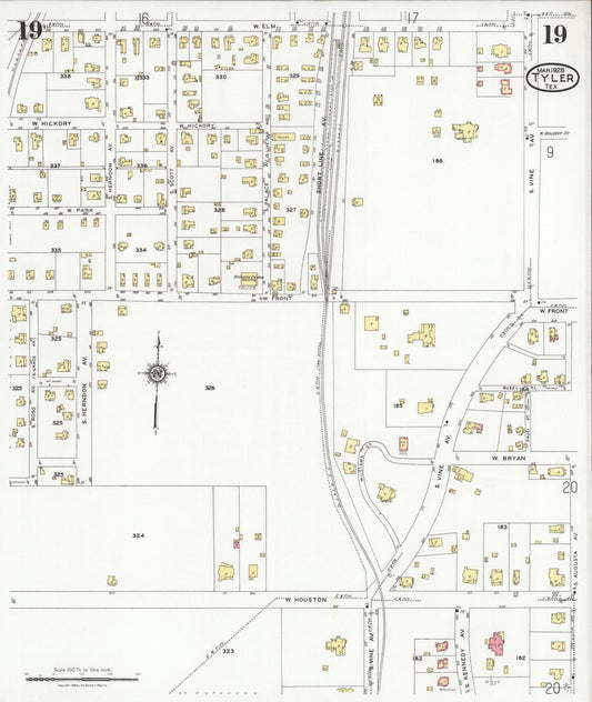 Sanborn Fire Insurance Map from Tyler, Smith County, Texas (1928), Sheet #0019 - Historic Sanborn Fire Insurance Map Print, vintage old map wall art, antique decor, genealogy gift, Texas Texas map