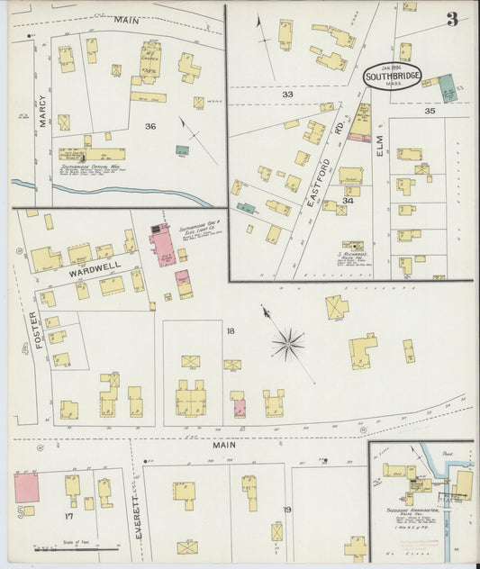 Sanborn Fire Insurance Map from Southbridge, Worcester County, Massachusetts (1894), Sheet #0003 - Historic Sanborn Fire Insurance Map Print, vintage old map wall art, antique decor, genealogy gift, Massachusetts Massachusetts map