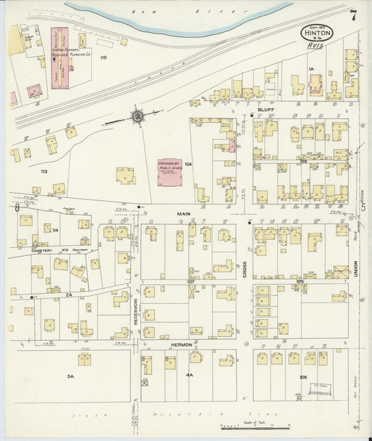 Sanborn Fire Insurance Map from Hinton, Summer County, West Virginia (1910), Sheet #0007 - Historic Sanborn Fire Insurance Map Print, vintage old map wall art, antique decor, genealogy gift, West Virginia West Virginia map