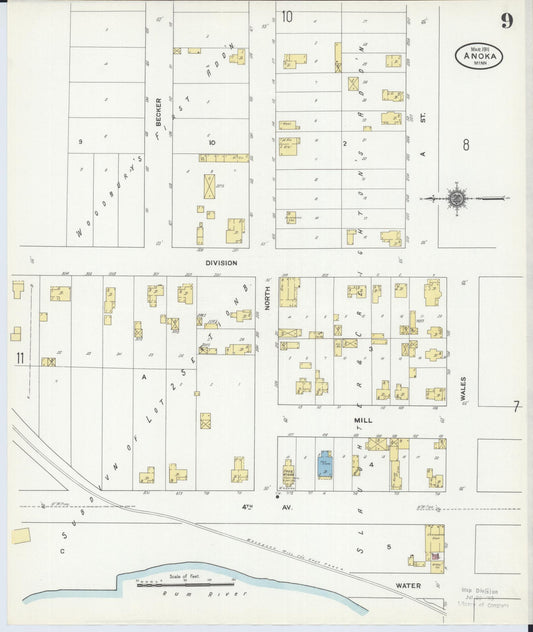 Sanborn Fire Insurance Map from Anoka, Anoka County, Minnesota (1911), Sheet #0009 - Historic Sanborn Fire Insurance Map Print, vintage old map wall art, antique decor, genealogy gift, Minnesota Minnesota map