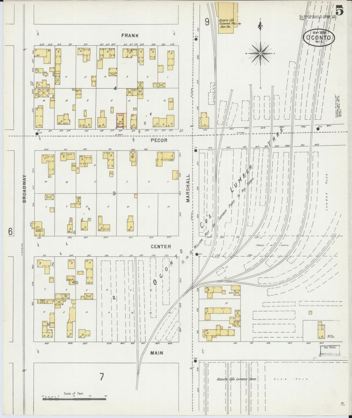 Sanborn Fire Insurance Map from Oconto, Oconto County, Wisconsin (1898), Sheet #0005 - Historic Sanborn Fire Insurance Map Print, vintage old map wall art, antique decor, genealogy gift, Wisconsin Wisconsin map