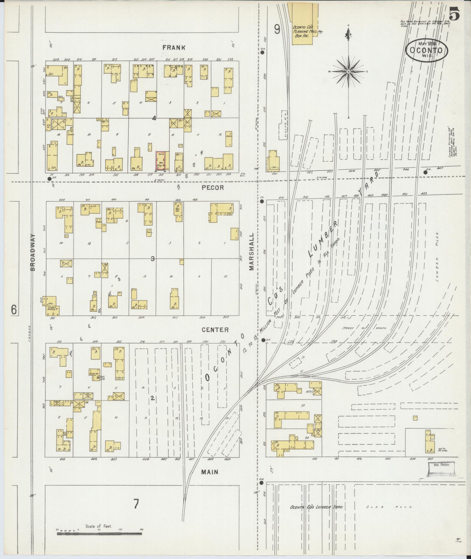 Sanborn Fire Insurance Map from Oconto, Oconto County, Wisconsin (1898), Sheet #0005 - Historic Sanborn Fire Insurance Map Print, vintage old map wall art, antique decor, genealogy gift, Wisconsin Wisconsin map