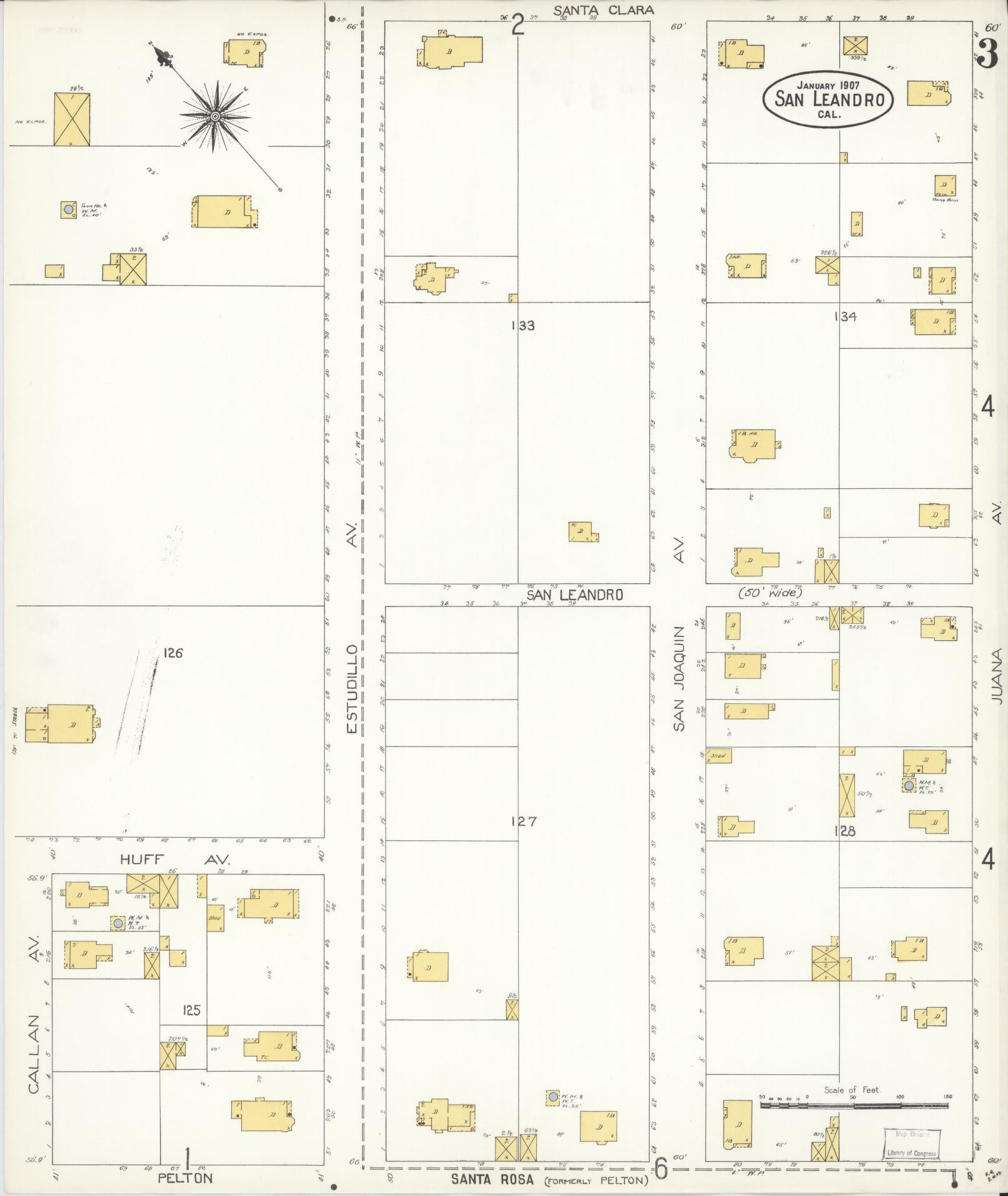 Sanborn Fire Insurance Map from San Leandro, Alameda County, California (1907), Sheet #0003 - Complete Map Set gallery image, historic Sanborn map, vintage wall art, California California