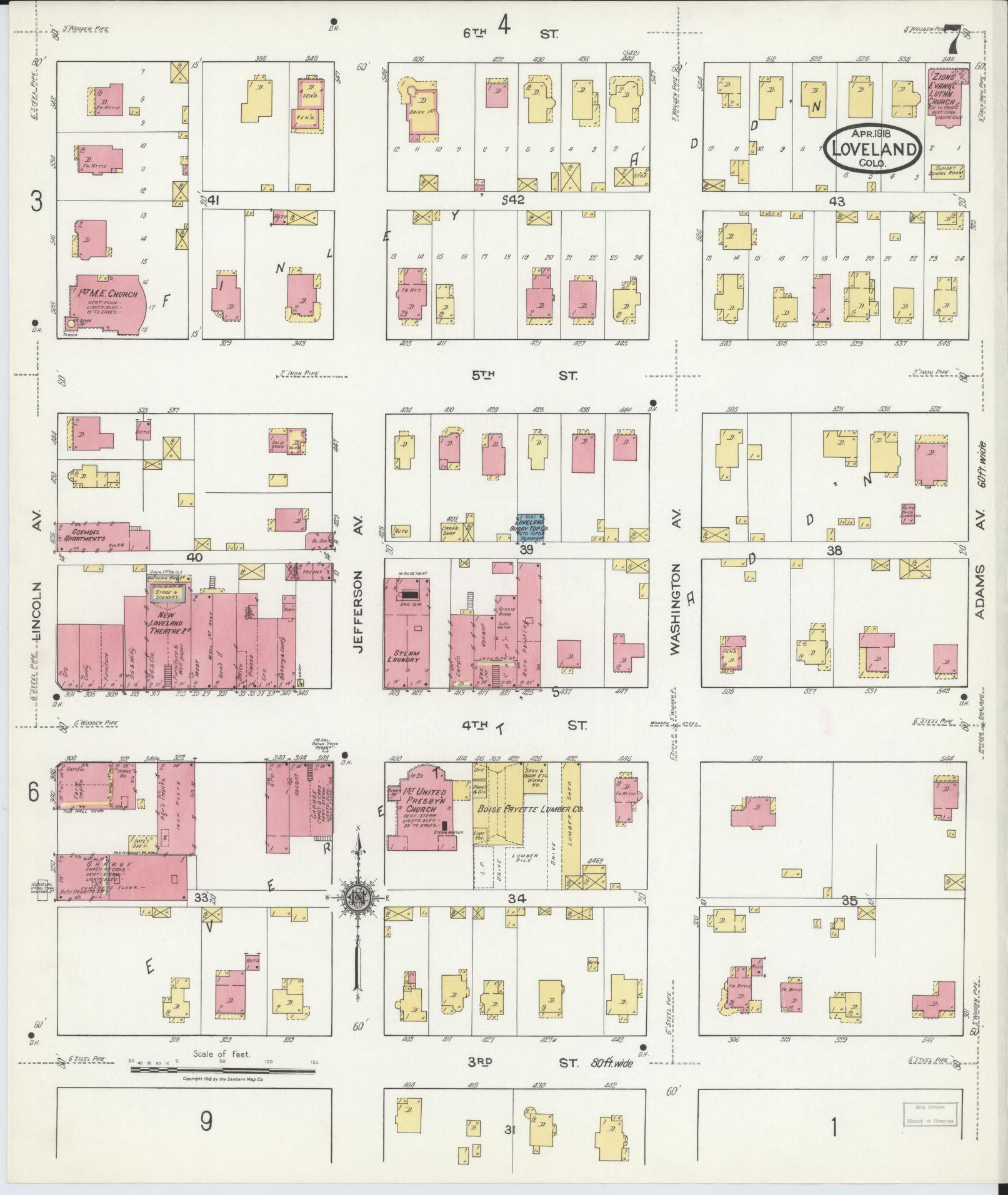 Sanborn Fire Insurance Map from Loveland, Larimer County, Colorado (1918), Sheet #0007 - Historic Sanborn Fire Insurance Map Print, vintage old map wall art, antique decor, genealogy gift, Colorado Colorado map