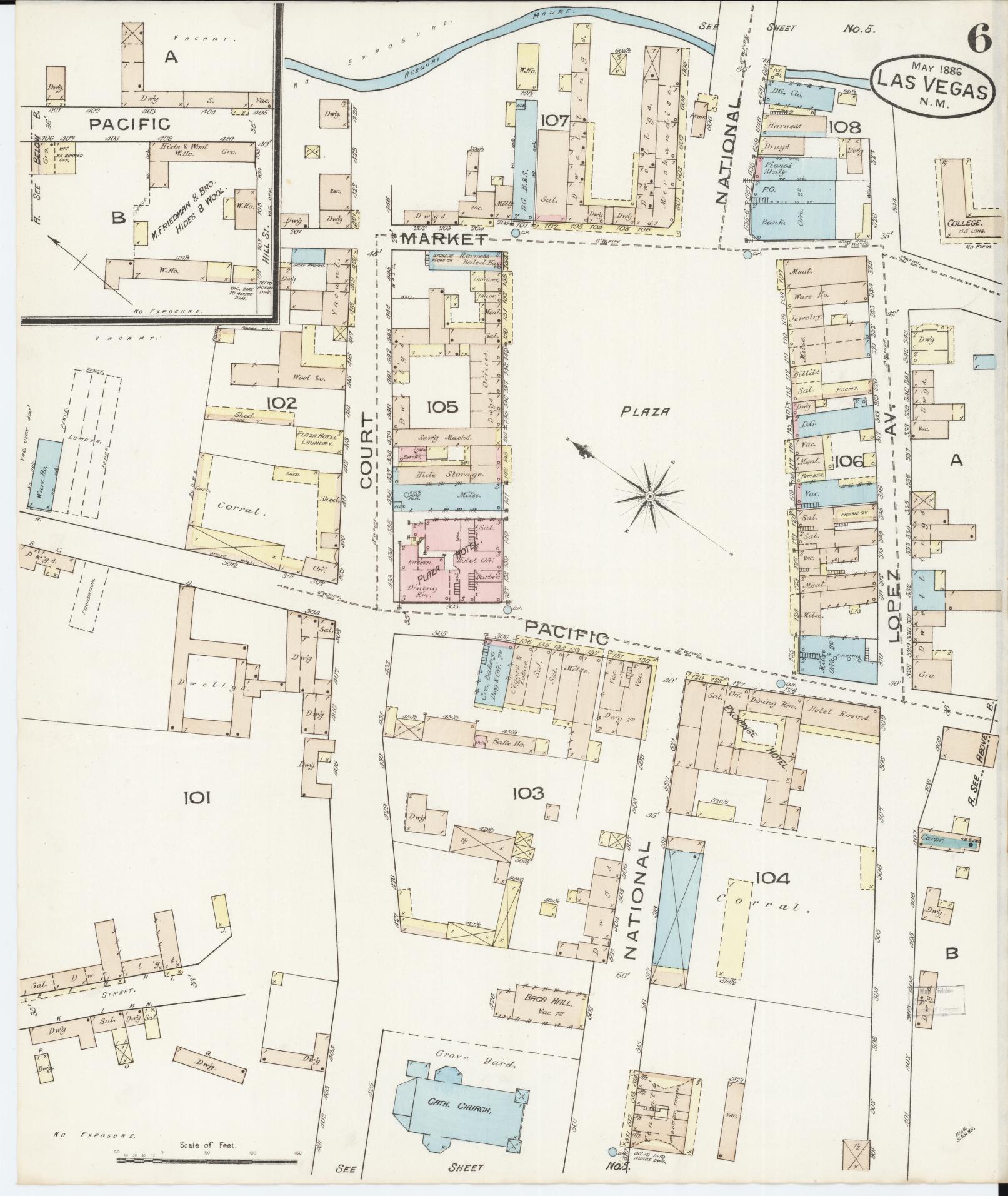 Sanborn Fire Insurance Map from Las Vegas, San Miguel County, New Mexico (1886), Sheet #0006 - Complete Map Set gallery image, historic Sanborn map, vintage wall art, New Mexico New Mexico