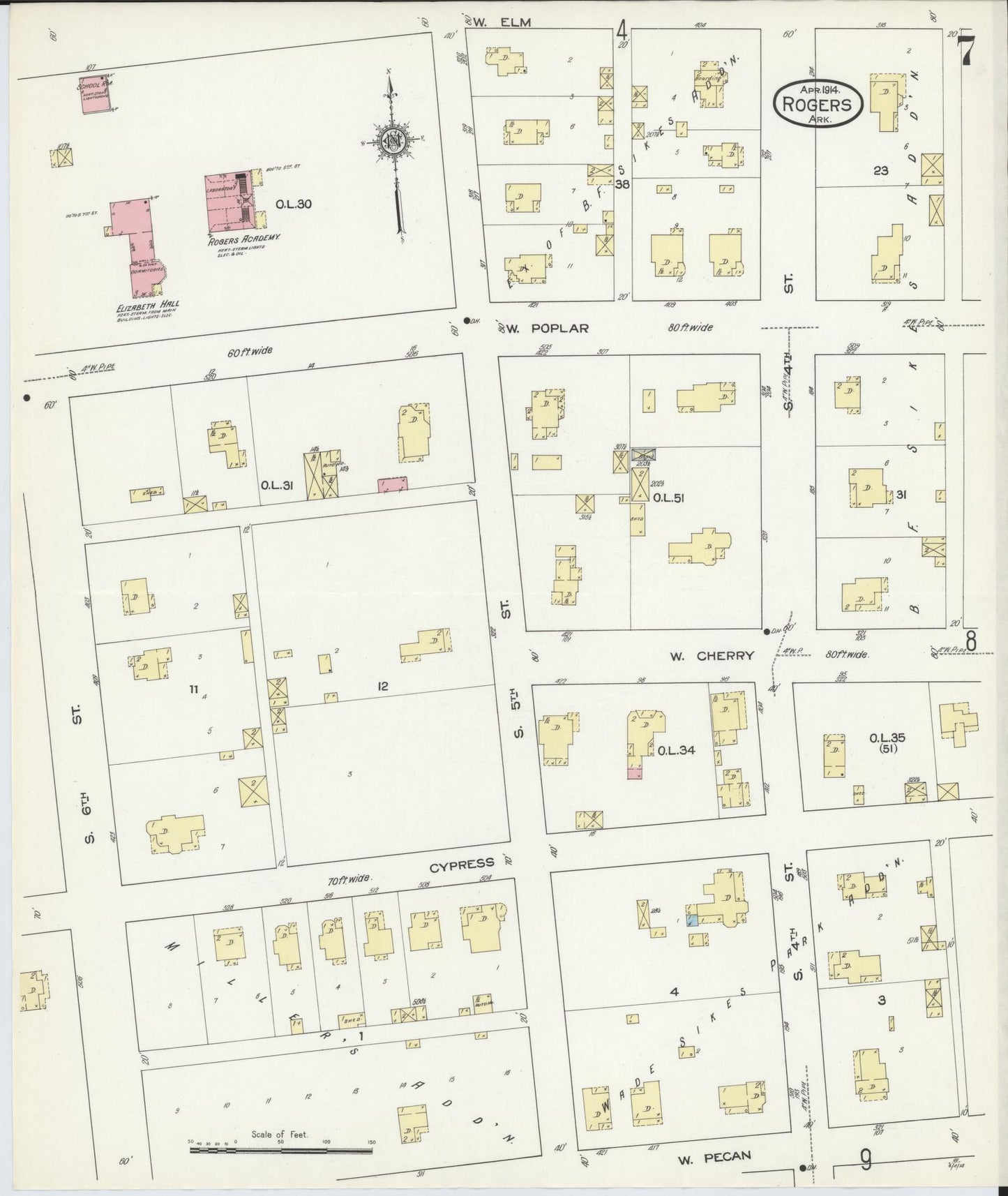 Sanborn Fire Insurance Map from Rogers, Benton County, Arkansas (1914), Sheet #0007 - Complete Map Set gallery image, historic Sanborn map, vintage wall art, Arkansas Arkansas