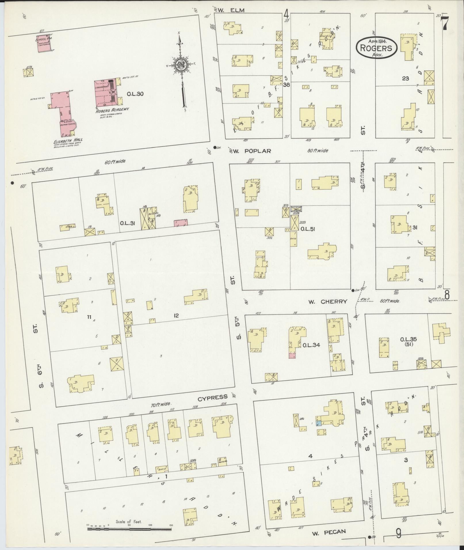Sanborn Fire Insurance Map from Rogers, Benton County, Arkansas (1914), Sheet #0007 - Complete Map Set gallery image, historic Sanborn map, vintage wall art, Arkansas Arkansas